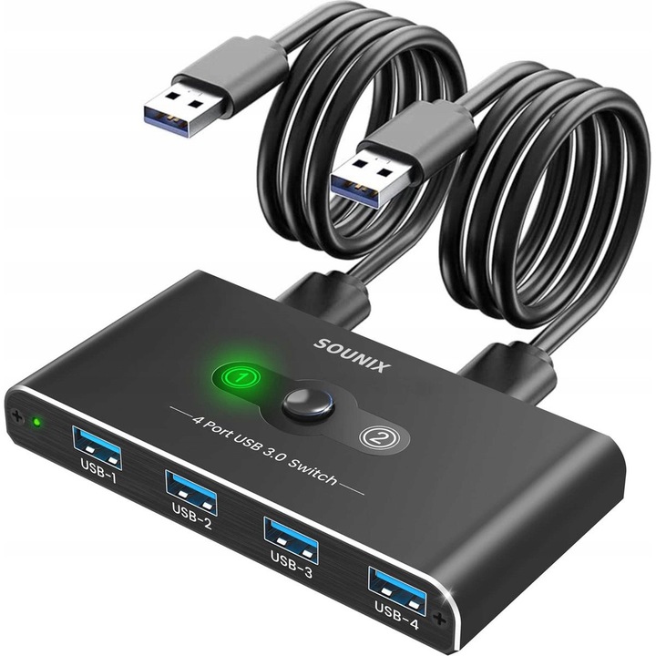 KVM kapcsoló Sounix USB 3.0, 2x4 port, 5 Gb/s átvitel, fekete, 99x50x14mm