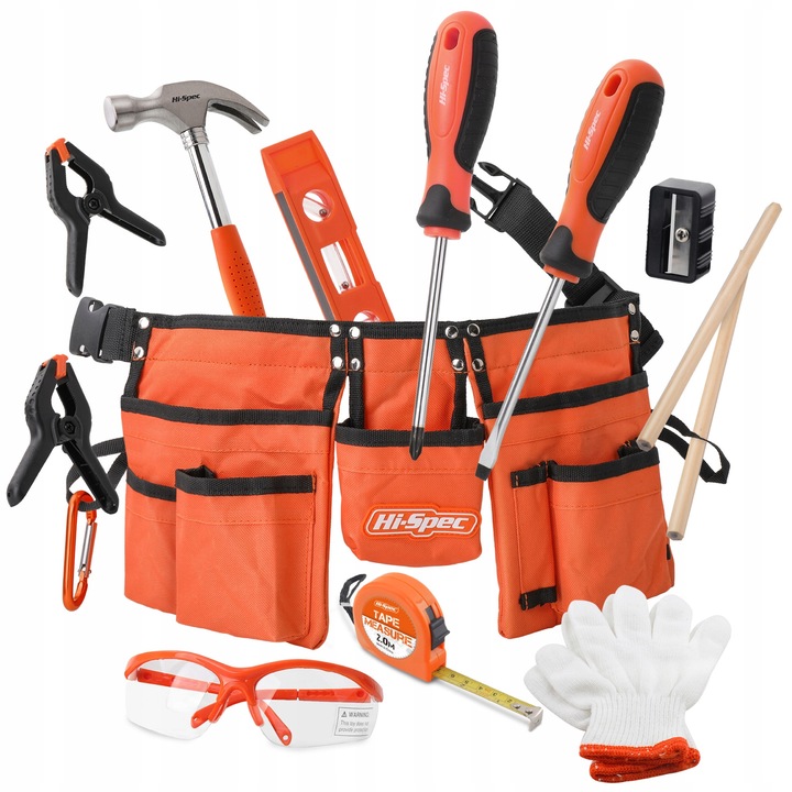 Set de unelte pentru copii Hi-Spec, 16 piese, portocaliu, cu centura de unelte, dimensiune ajustabila 56-69cm