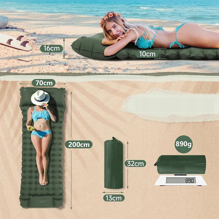 Saltea camping, verde, 200x70x10cm, cu perna, set cu 3 plasturi de reparare