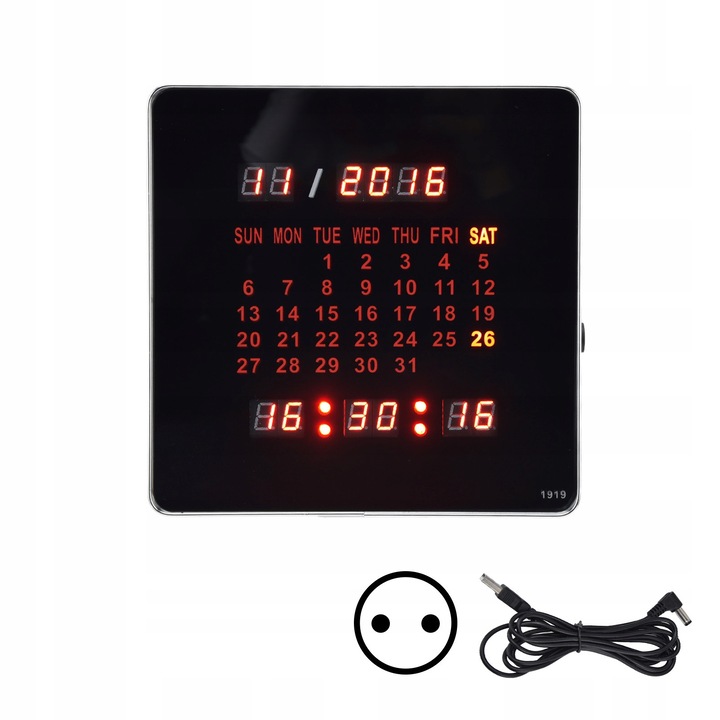 Ceas decorativ digital LED, 20x20cm, negru, cu afisaj mare, set cu alimentator si instructiuni