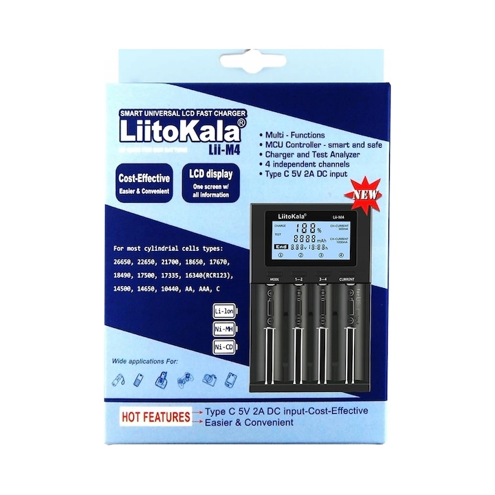 Incarcator baterii Liitokala Lii-M4, 4 canale, 500mA-2000mA, 12V DC, set complet