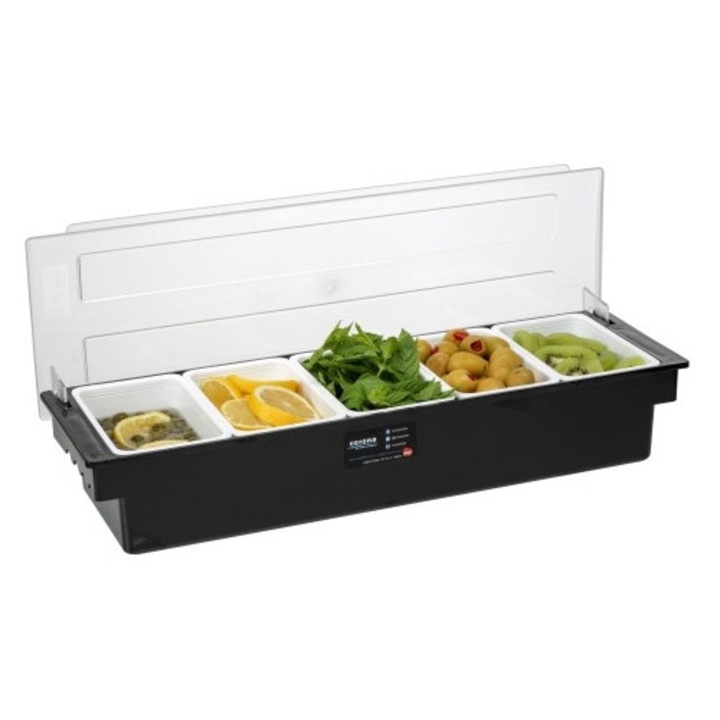Suport condimente, Bora, 5 compartimente, policarbonat, 49.5x15.7x9.5cm