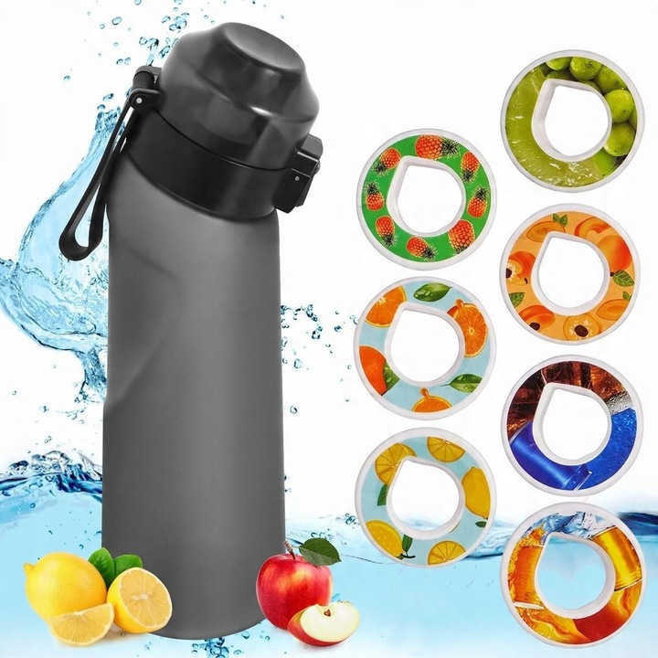 Set sticla apa 650ml cu 7 insertii cu arome fructe, negru mat
