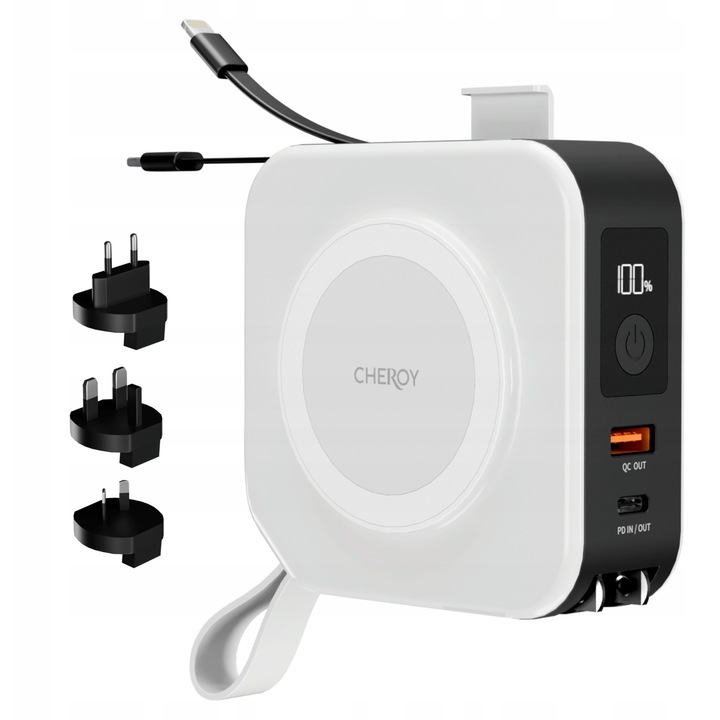 Power bank Cheroy ChargePack Multi 5 in 1, 10000mAh, wireless, alb, cu adaptoare AU/EU/UK