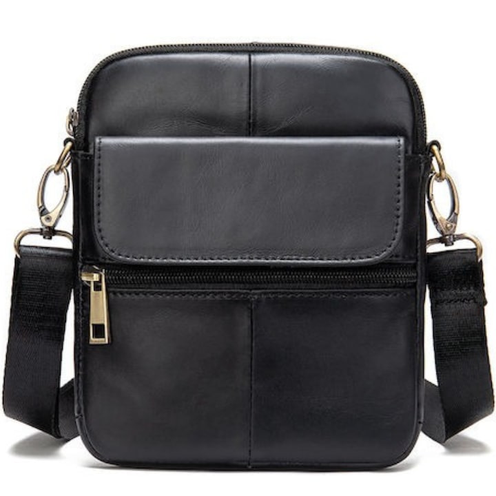 Borseta Barbati De Umar Din Piele Naturala, narvara®, 4 Compartimente, Curea Ajustabila, 20x15x2.5 cm, Negru