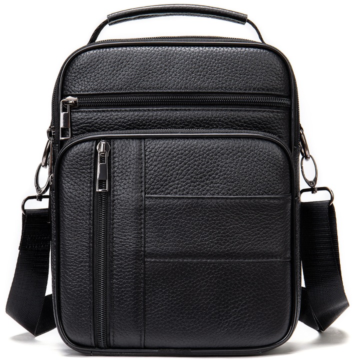 Borseta Barbati De Umar Din Piele Naturala, narvara®, 6 Compartimente, Curea Ajustabila, 25x19x6 cm, Neagra