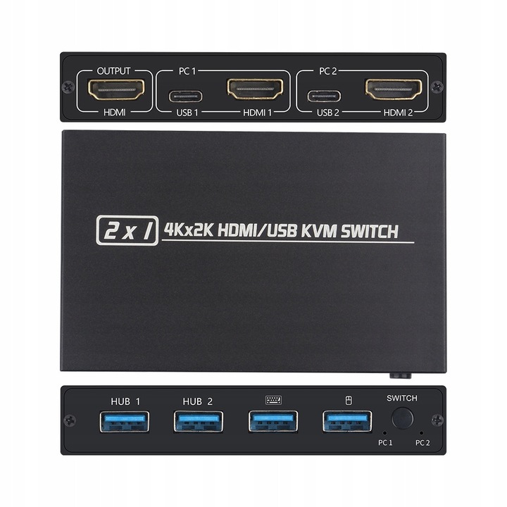 Switch KVM AIMOS AM-KVM 201CL, 2 HDMI és USB bemenet, 4K, fekete, 10,4x6,5x1,9cm