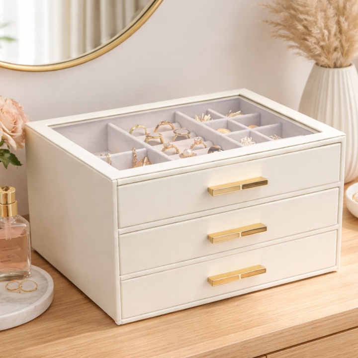Cutie de Bijuterii narvara® Organizator pe 3 Nivele, Sertar x3, Spatiu de Depozitare pentru Inel, Verighete, Lantisoare, Bratari, Cercei, Caseta cu Design Elegant, Piele Ecologica Alba, 25x18x15 cm