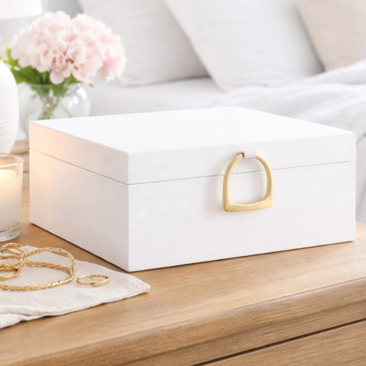 Cutie de Bijuterii narvara®, Organizator pe 2 Niveluri, Spatiu de Depozitare pentru Inel, Verighete, Lantisoare, Bratari, Cercei, Caseta cu Design Elegant, Piele Ecologica Alba, 25x21x11 cm