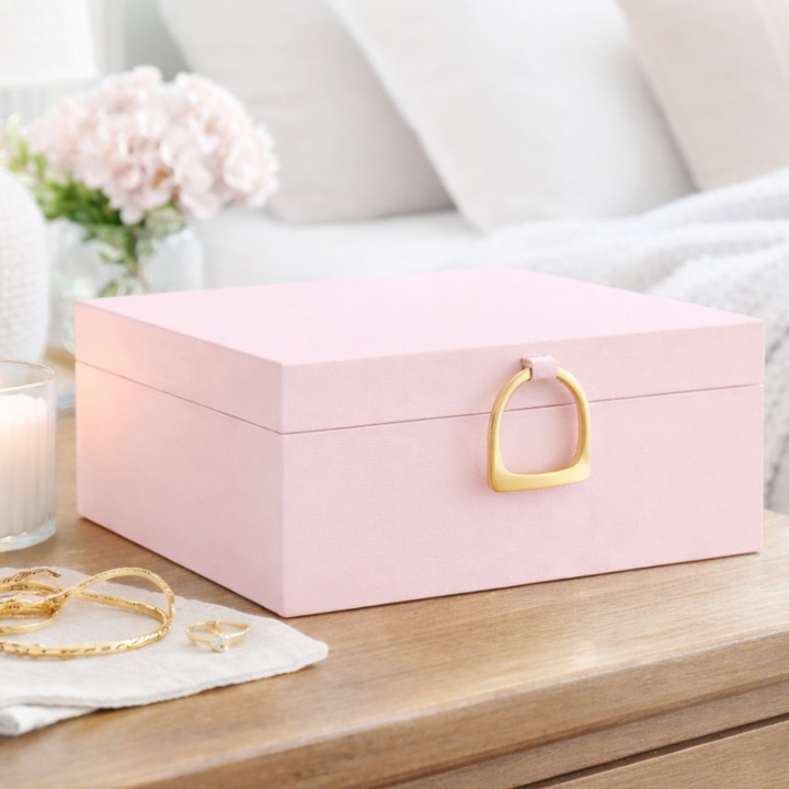 Cutie de Bijuterii narvara®, Organizator pe 2 Niveluri, Spatiu de Depozitare pentru Inel, Verighete, Lantisoare, Bratari, Cercei, Caseta cu Design Elegant, Piele Ecologica Roz, 25x21x11 cm