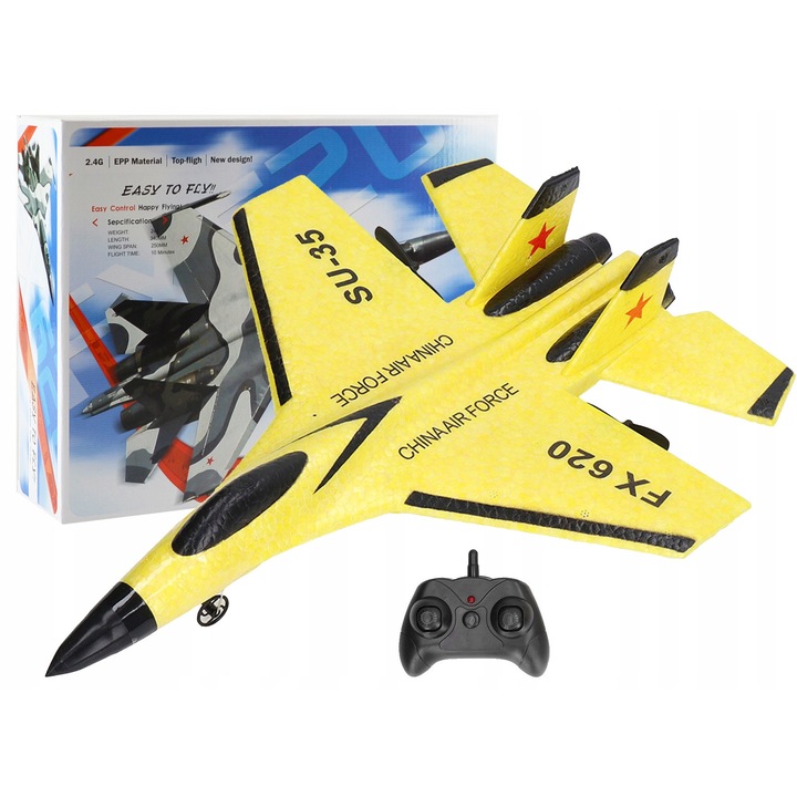 Samolot zdalnie steriat FX620, galben, 2,4 GHz, set complet, dimensiuni 36x28x8cm