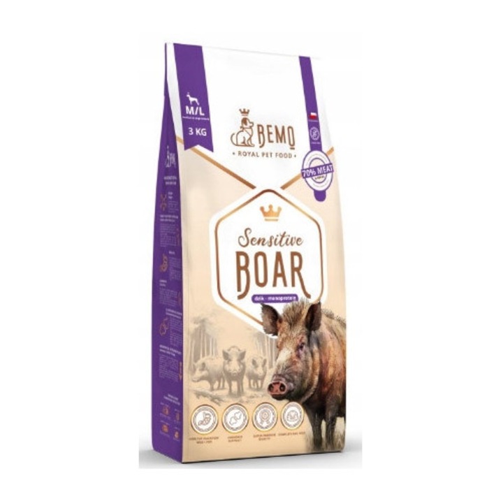 Hrană uscată pentru câini BEMO Sensitive DZIK/Boar 3 kg M/L, hipoalergenică, monoproteică, cu carne de mistreț, fără cereale