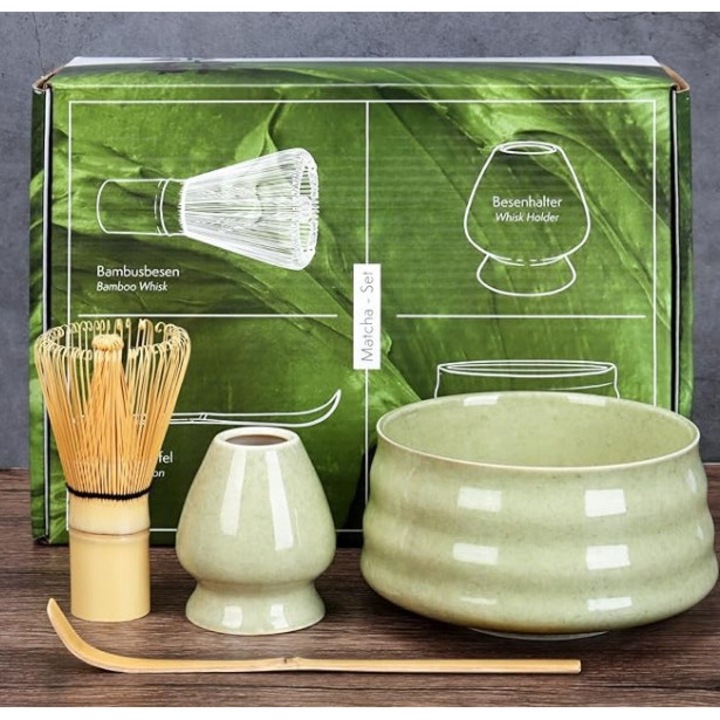 Set de ceai matcha, ceramica verde, 1 bol, 1 chasen, 1 lingurita, 1 suport, 1 cutie cadou, dimensiuni bol 11,3x7,4cm