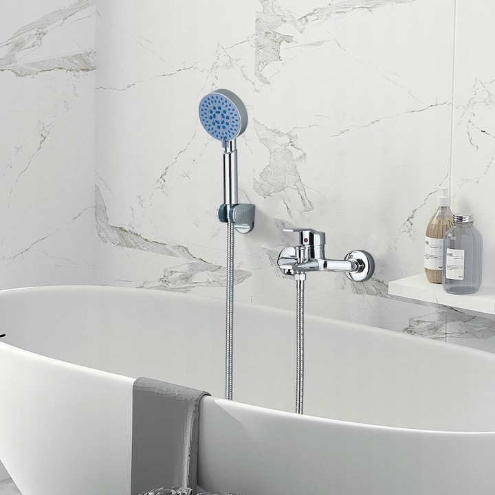 BEDEE fali csaptelep, 22 cm, ezüst, zuhanyzóval és tömlővel