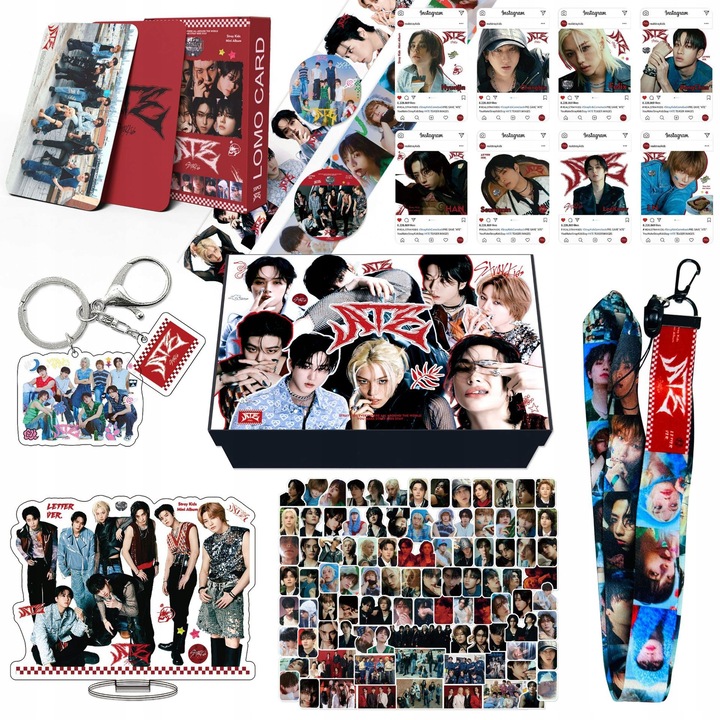 Set cadou Stray Kids, brelocuri, suport acrilic, washi tape, carduri PVC si Lomo, multicolor