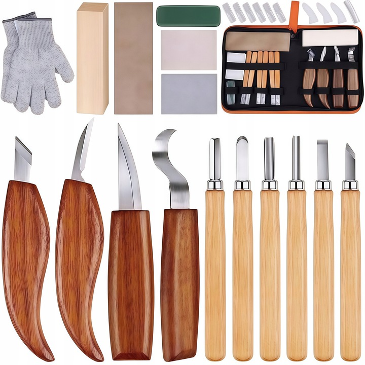 Set complet de unelte pentru sculptura in lemn 17 in 1, cutite si dalti din otel carbon, accesorii incluse, cutie de depozitare