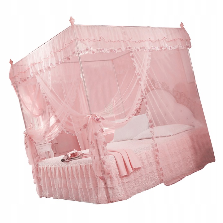 Perdea de pat tip baldachin 120x200x200cm, cu 3 deschideri laterale, pentru 2 persoane, roz