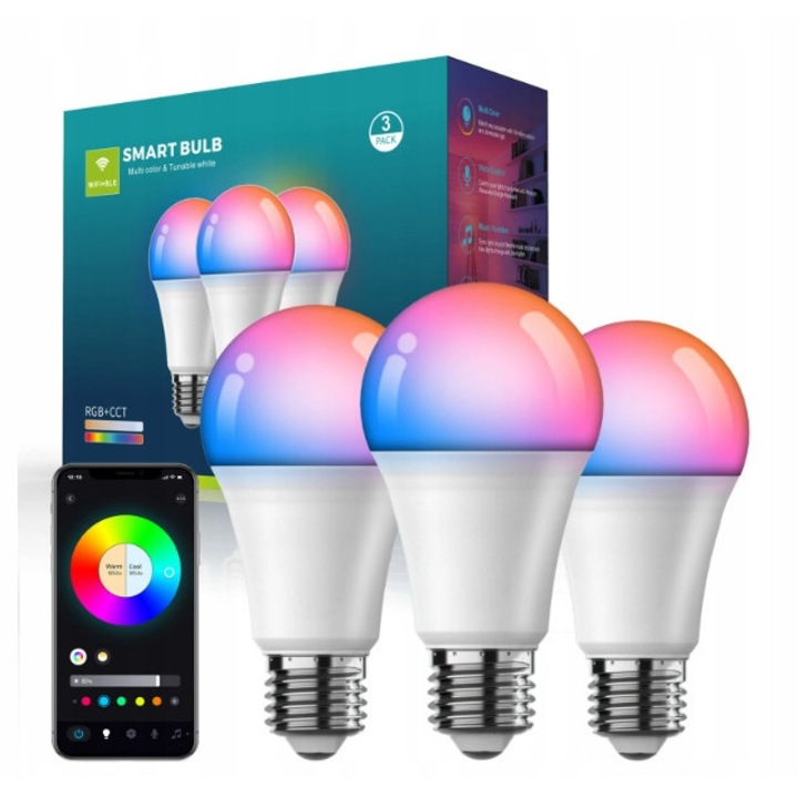 Set becuri inteligente 10W E27 800LM WiFi Bluetooth RGBWW, 3 bucati