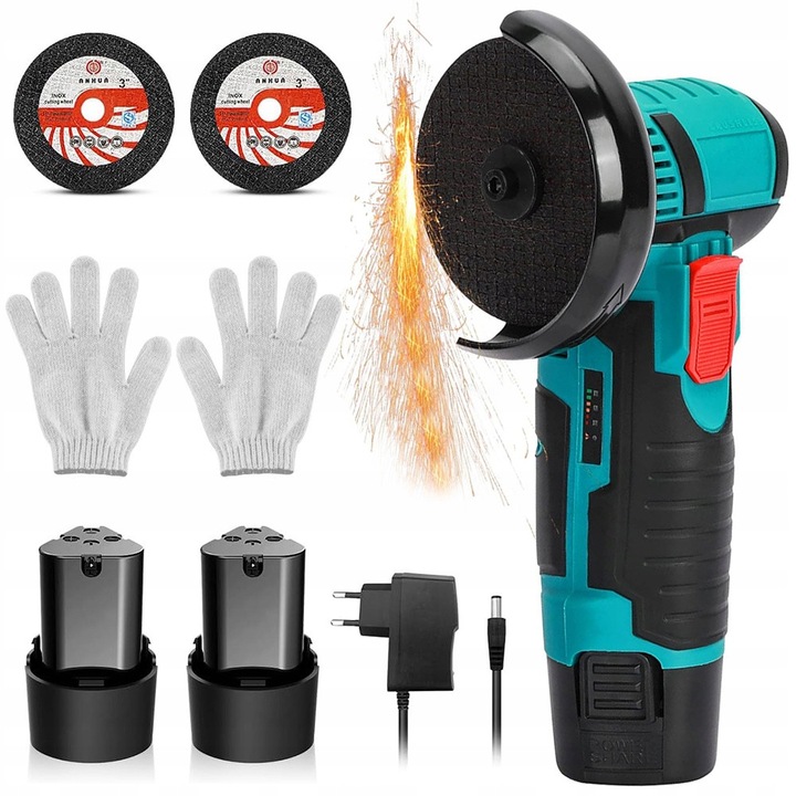 Polizor unghiular 75mm, 2 acumulatori 12V, 19,500 RPM, set complet