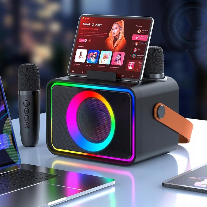 Microfon karaoke cu 2 microfoane, BEDEE, 10W, 6 moduri de iluminare, negru, 17x12x13cm