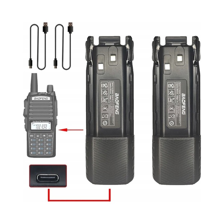 2 db Li-Ion akkumulátor készlet 3800 mAh BL-8 USB-C Baofeng rádiótelefonokhoz, 7,4 V, 6,18x1,97x1,26 hüvelyk, fekete