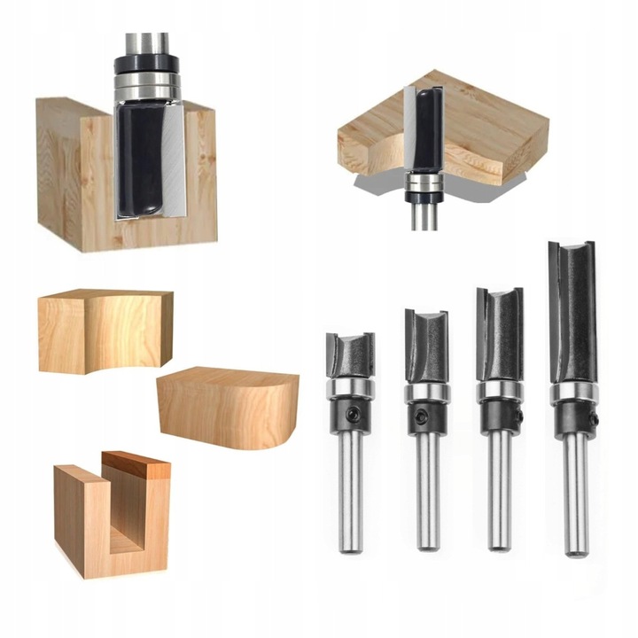 Set 4 freze pentru frezare cu rulment 6mm pentru lemn MDF