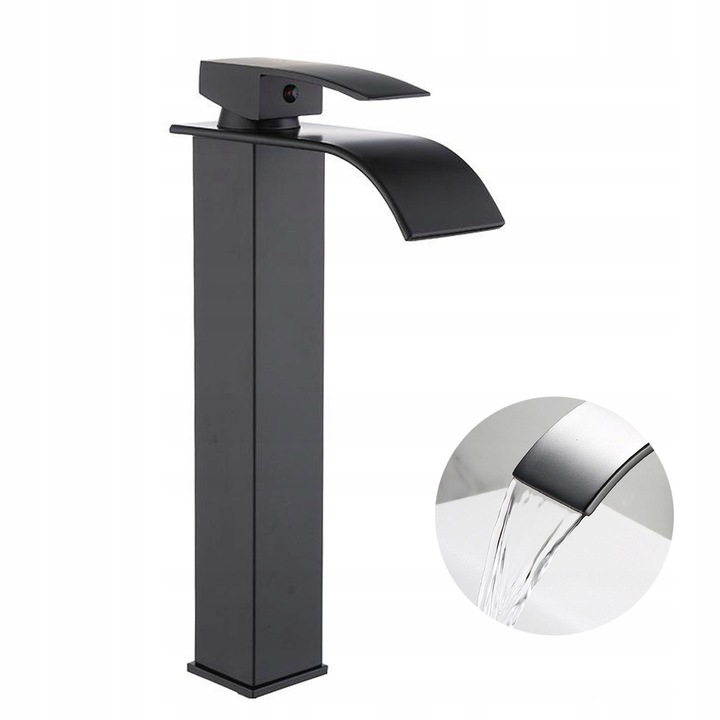 TePe mosdó csaptelep, magas, matt fekete, pultra szerelhető, vízesés hatású, 30cm