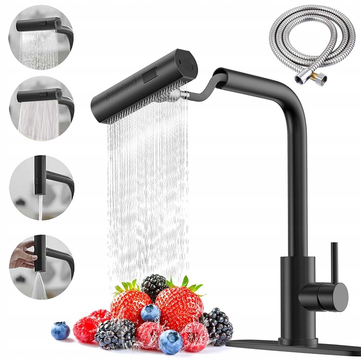 Konyhai csaptelep rugalmas kifolyóval, 360°, 3 vízsugár mód, rozsdamentes acél, fekete