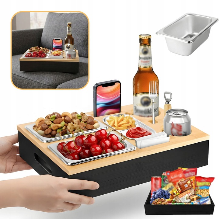 Organizer mobil pentru canapea, BEDEE, 3 boluri din inox, suport pentru bauturi, negru, 25,9x38x8cm