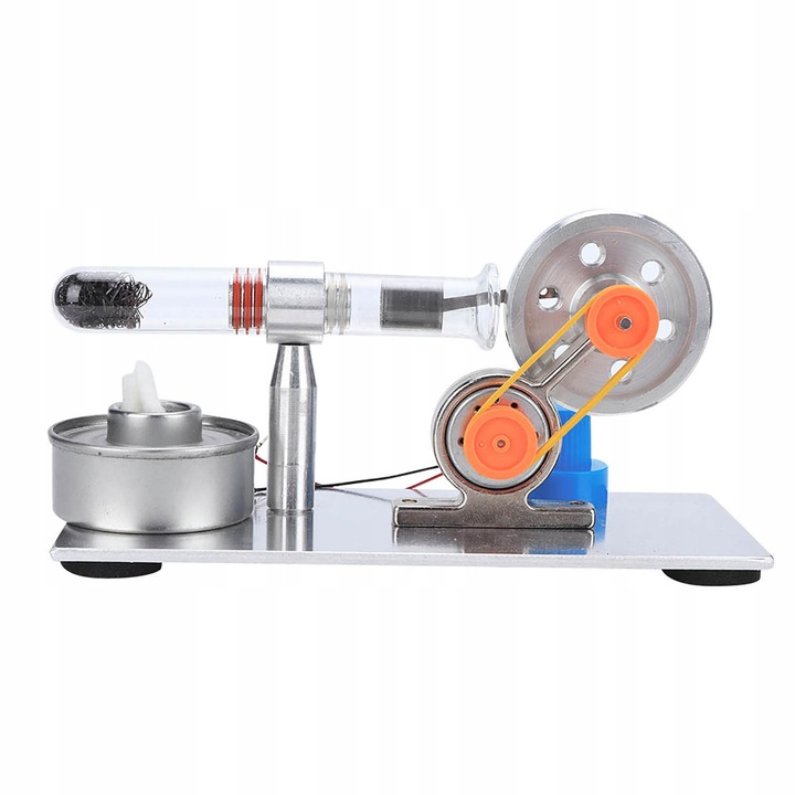 Motor Stirling model educațional, asamblat, cu iluminare LED, din inox, pentru copii și pasionați de fizică