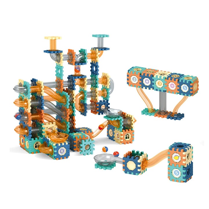 Set de constructie cu Marble Run, Forme diferite Blocks Tiles, bile, Tobogane si Tuneluri, 286 piese, Jucarie creativa si educationala STEM Blocks Tiles, stimuleaza creativitatea si imaginatia, exerseaza coordonarea mana-ochi, 3 ani+