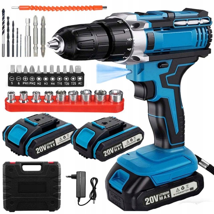 Акумулаторна бормашина BEDEE 20V, 2 батерии, 45Nm, синьо-черна, комплект