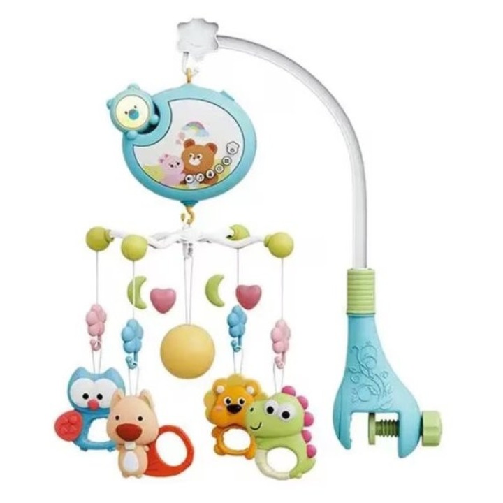 Carusel muzical pentru patut copii Malplay Blue, cu sistem de prindere universal si 5 pandative suspendate