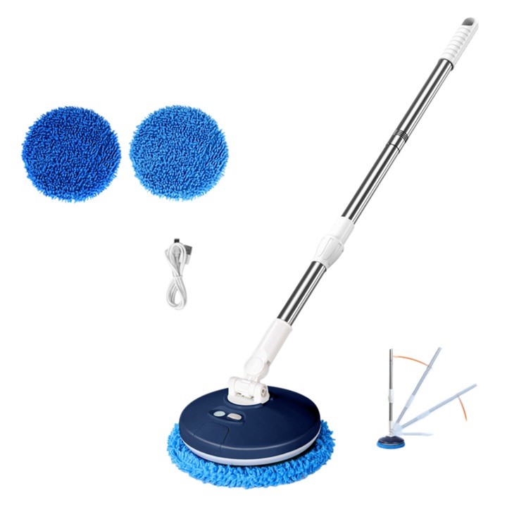 Mop rotativ electric fara fir pentru spalarea masinii, extensibil, nu lasa fire, pentru utilizare pe uscat si pe umed, doua moduri de functionare, 1500 mAh, albastru