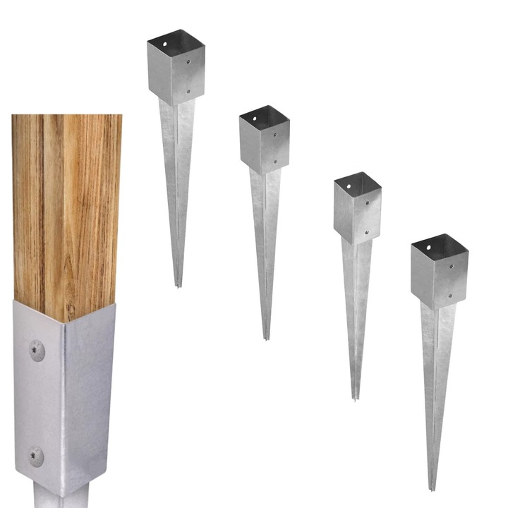 Set 4 suporturi metalic cu tepusa, DMX, PSG, Pentru Pamant Fara Beton, Protectie Anticoroziune Zincata Termic, Ideala Pentru Garduri Terase Sau Pergole, Montare Rapida Si Usoara, 46x550 mm, Argintiu