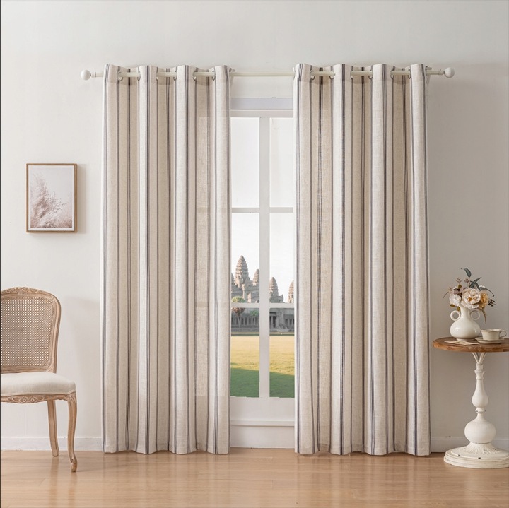 Perdele cu dungi din amestec de in, semi-transparente, bej, 140x250cm