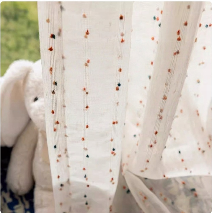 Perdele semi-transparente cu mini pomponi, czdk, albe, 140x160cm