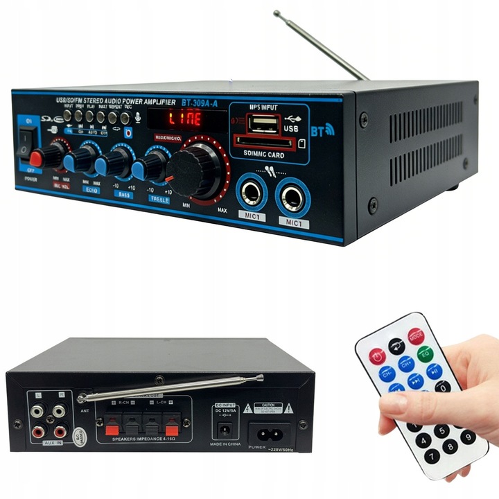 Amplificator audio BEDEE BT-309A-A, Bluetooth, 100W, negru, set cu telecomanda