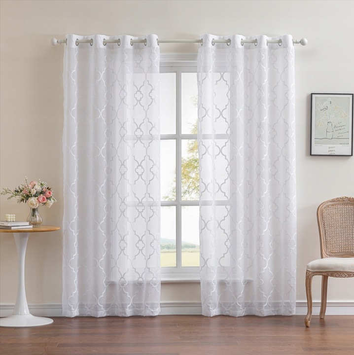 Perdele semitransparente cu model brodat, czdk, 140x250cm, culoare crem, set 2 bucati