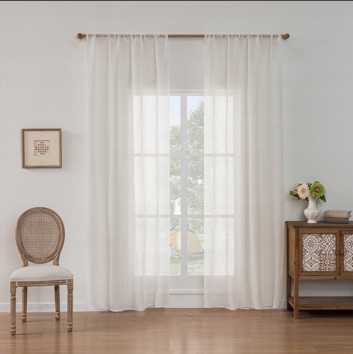 Воални пердета с ленен вид, полупрозрачни, бели, комплект