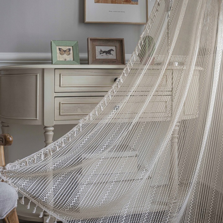 Бохо завеси, czdk, дантелени, с пискюли, бежови, 140x220см