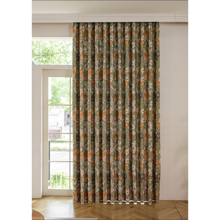 Винтидж завеса с флорален десен, czdk, зелена, неопределени размери