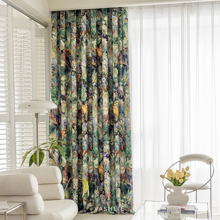 Cortina cu model floral modern, czdk, semi-transparenta, 140x250cm, bej