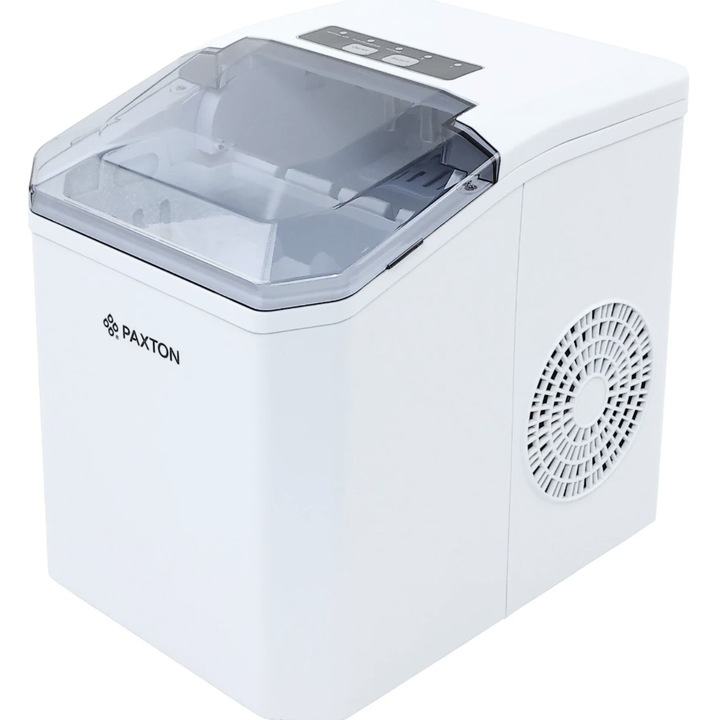 Aparat de facut gheata, Paxton, 100 W, capacitate 1.3 l, capacitate productie cuburi 10.5 kg/24 h, 9 cuburi in 6 min, selectare dimensiune cuburi, indicator lipsa apa, functie de autocuratare, alb