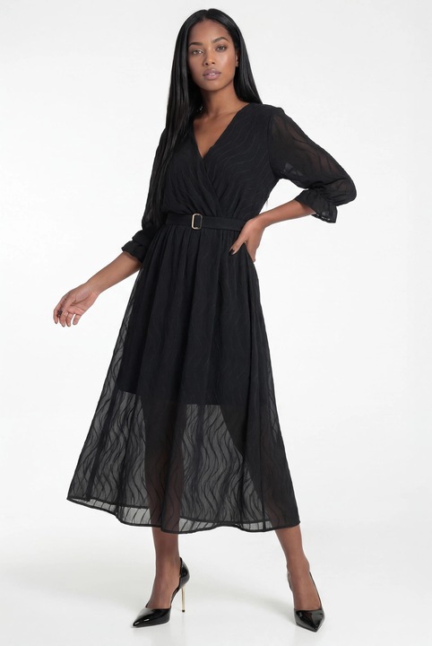 Figl midi ruha, fekete, A-vonalú szabás, V-nyak, 3/4-es ujj, deréköv