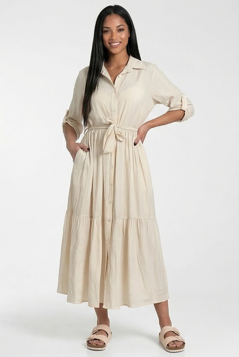 Figl M1312 maxi ruha, bézs, bővülő szabású, 3/4-es ujjú, viszkóz anyagból