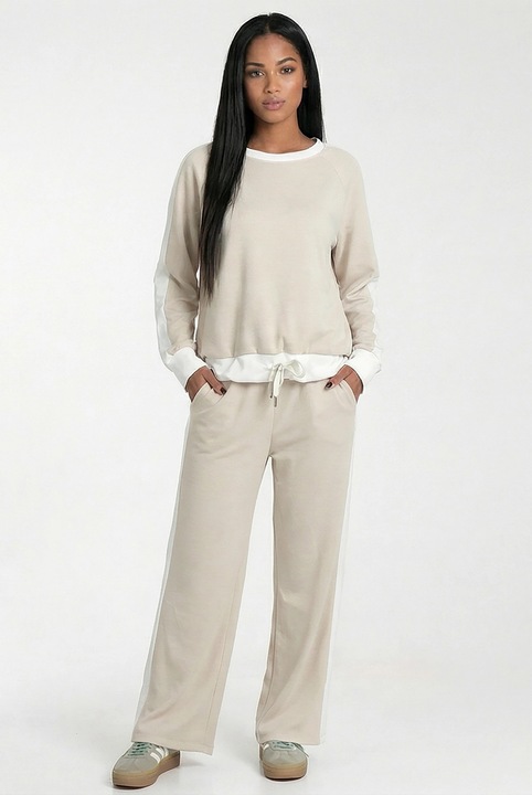 Trening dama Figl M1314, bej, croiala clasica, bluza cu decolteu rotund, pantaloni cu talie medie