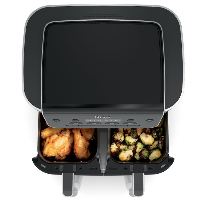 Friteuza cu aer cald Ninja Foodi Dual Zone DZ801EU, 2470 W, Zone de gatit independente, 7, 6 l, 6 programe, 40-240°C, Max Crisp, Sync, Gri/Inox