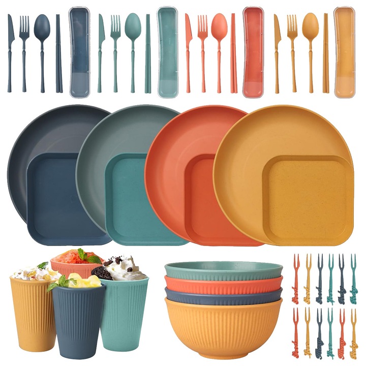 Set vesela camping 48 piese pentru 4 persoane, multicolor