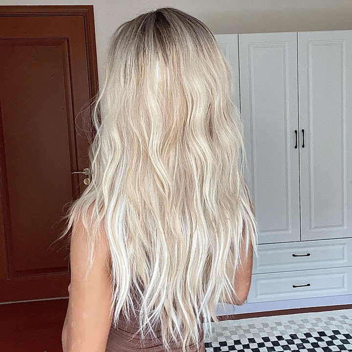Peruca sintetica lunga, blond ombre, set cu caciula, 53-58cm